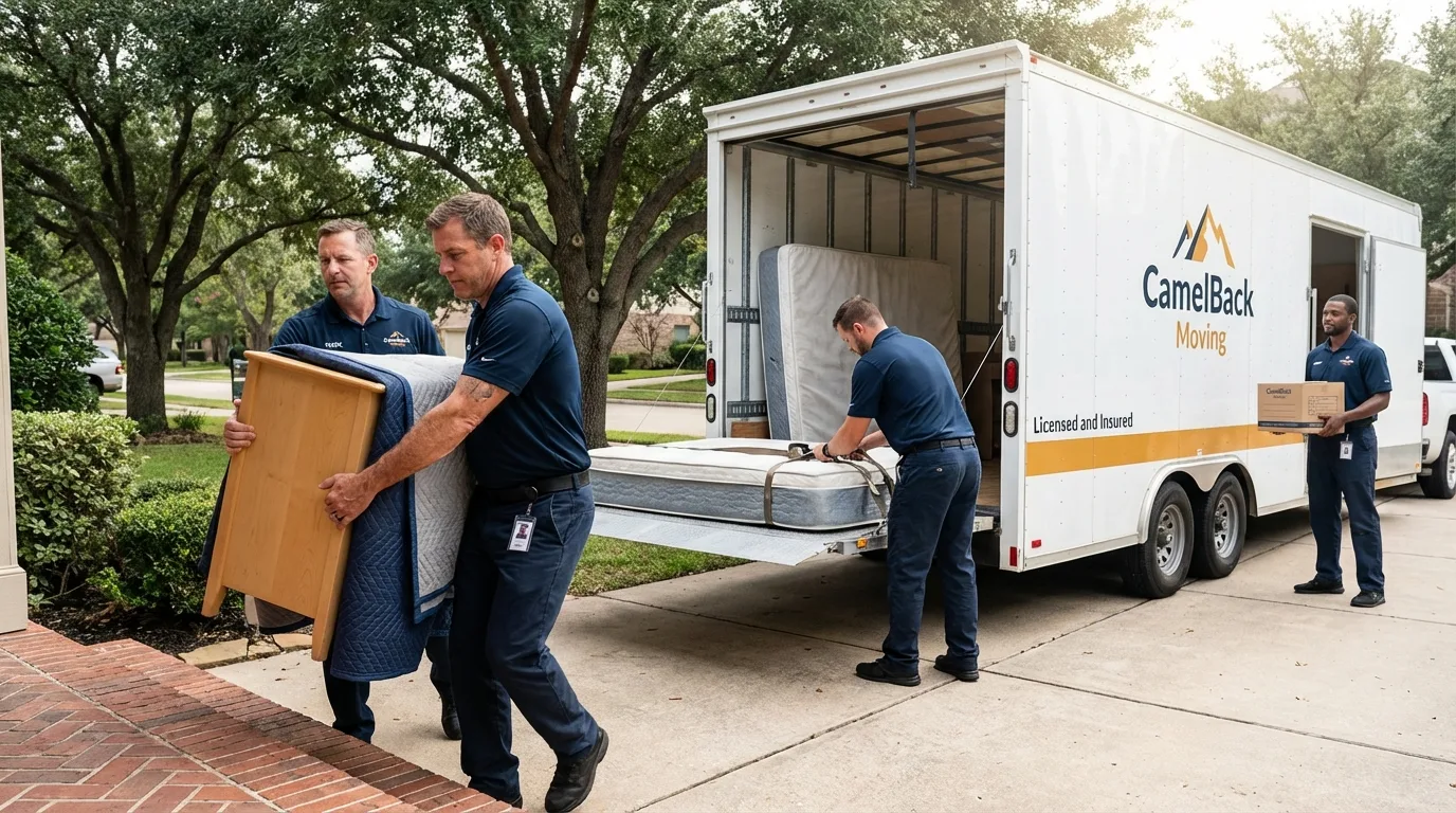Crew loading residential truck for cross-state move from Richmond, TX