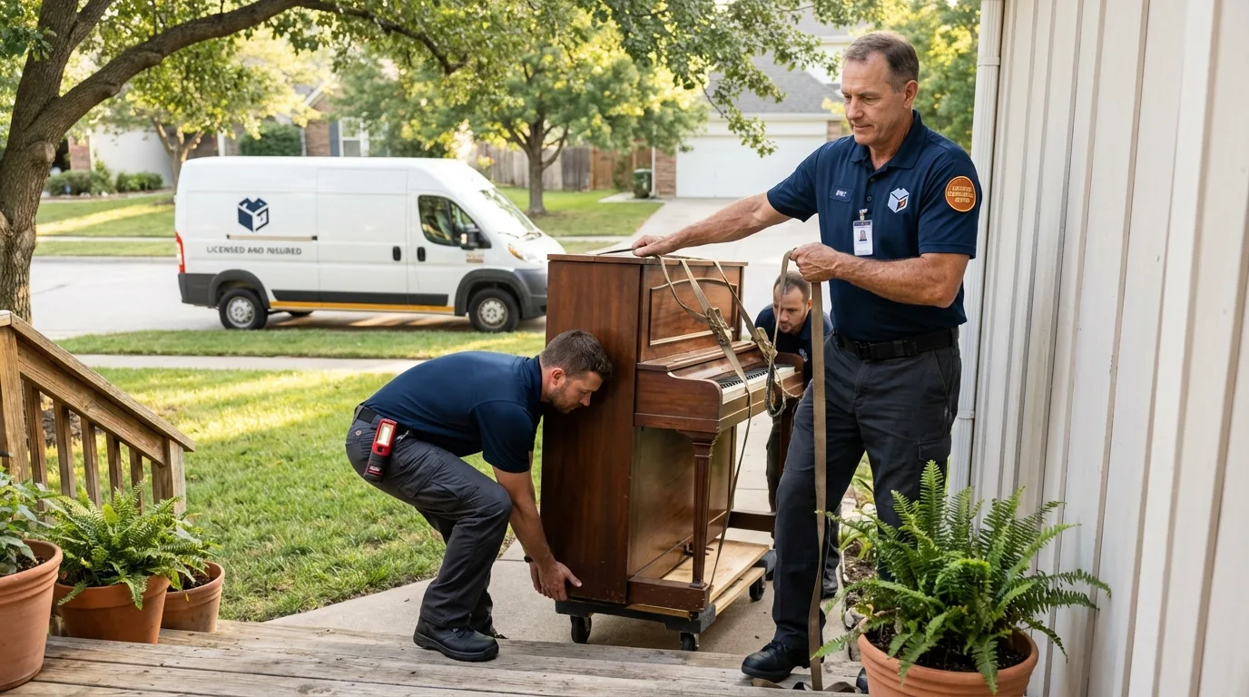 Licensed piano movers securing grand piano in Richmond, TX
