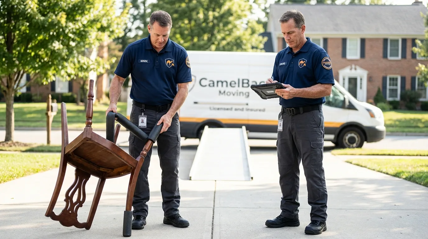 Movers inspecting furniture for damage prevention before loading in Richmond, TX