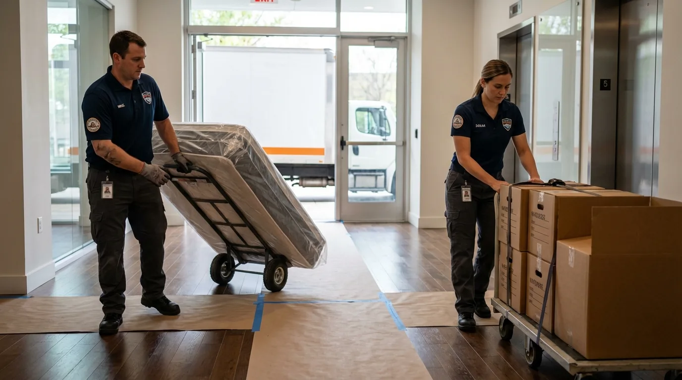 Professional apartment movers loading elevator in Richmond, TX