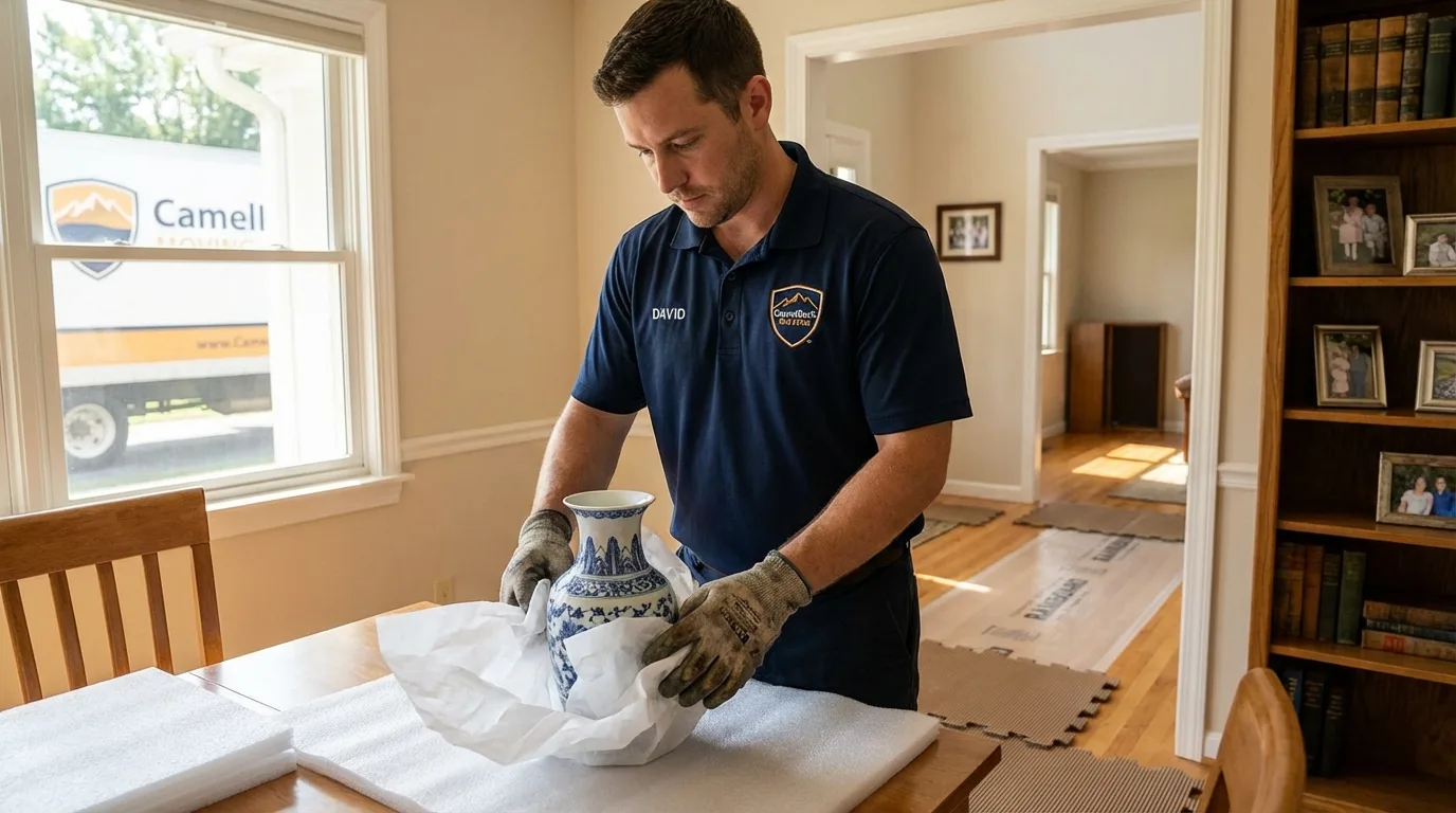 Professional crew carefully wrapping antique vase for senior downsizing move in Richmond, TX